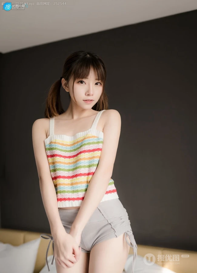浅粉可爱女生少女小姐姐紧身条纹衫短裤穿着居家室内俏皮写真套图