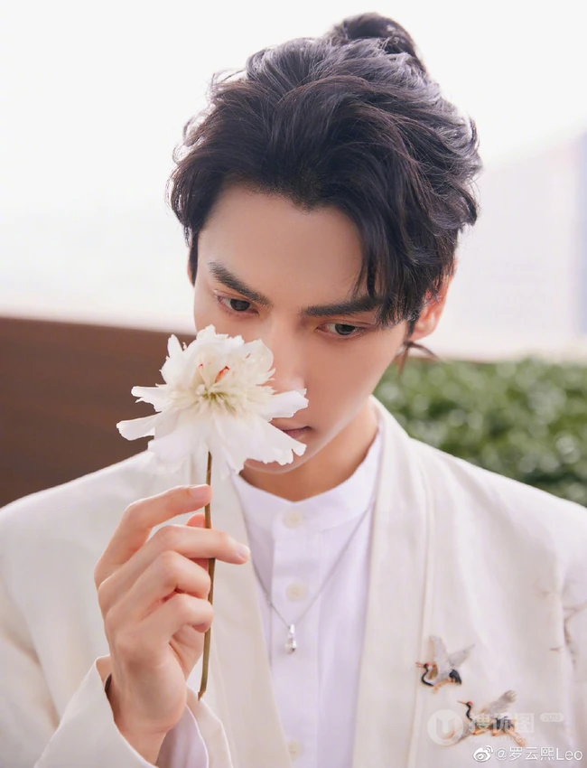 罗云熙化身白衣王子，手拿花朵，尽显魅力型男气质
