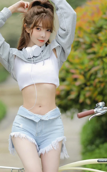 骑单车的漂亮可爱牛仔短裤少女户外运动显完美纤细线条写真大图图集