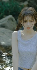 山间小溪里的双麻花辫清新少女小碎花衫牛仔短裤穿着写真美照