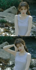 山间小溪里的双麻花辫清新少女小碎花衫牛仔短裤穿着写真美照