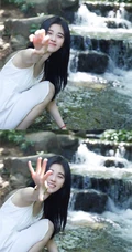 鞠婧祎潺潺小溪边笑容甜美，氧气动人清新写真图片
