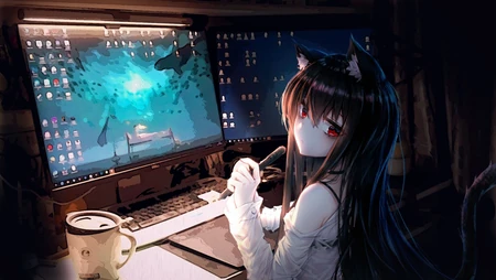 坐在电脑前的狐狸耳朵动漫少女壁纸图片