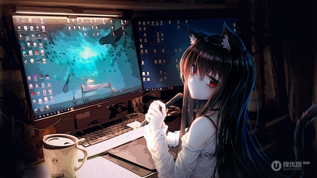 坐在电脑前的狐狸耳朵动漫少女壁纸图片