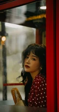 阚清子复古大卷发，雀斑妆装扮，搭配波点衫牛仔裤街拍写真照片