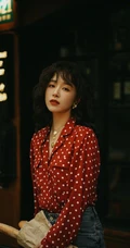 阚清子复古大卷发，雀斑妆装扮，搭配波点衫牛仔裤街拍写真照片