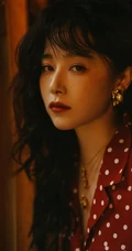 阚清子复古大卷发，雀斑妆装扮，搭配波点衫牛仔裤街拍写真照片