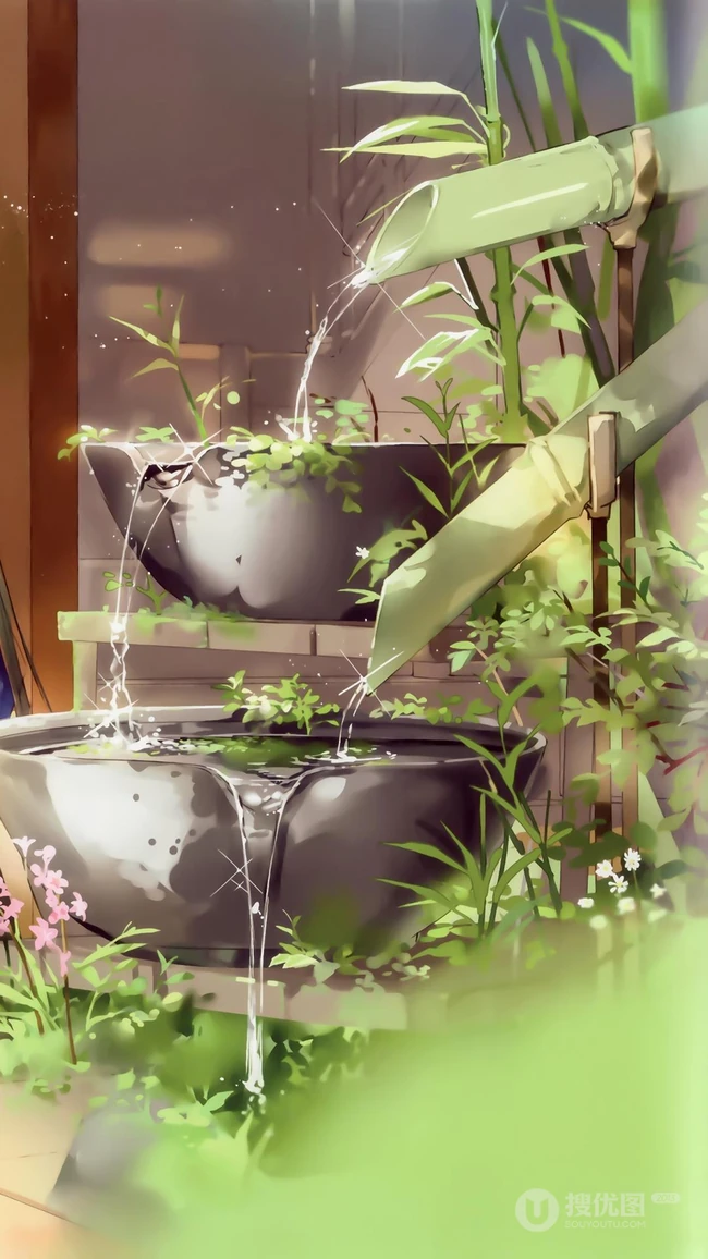 竹子制作的流水器唯美绿色手机壁纸图片