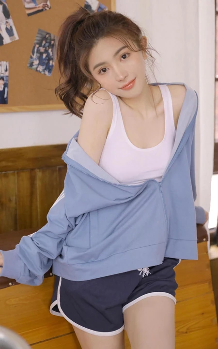 少女心满满，青春少女江亦祺白背心短裤教室元气十足高清大图