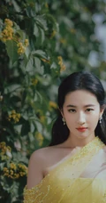 刘亦菲鹅黄色连衣长裙很仙很美草地写真图片