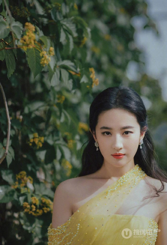 刘亦菲鹅黄色连衣长裙很仙很美草地写真图片