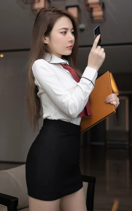 气质女生轻熟鱼子酱Fish职业装紧身白衣包臀裙袜装高跟高冷范上班图片