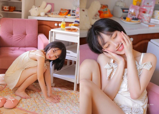 漂亮的短发少女小姐姐丝滑肩带睡裙短裤穿搭温柔可人居家图片