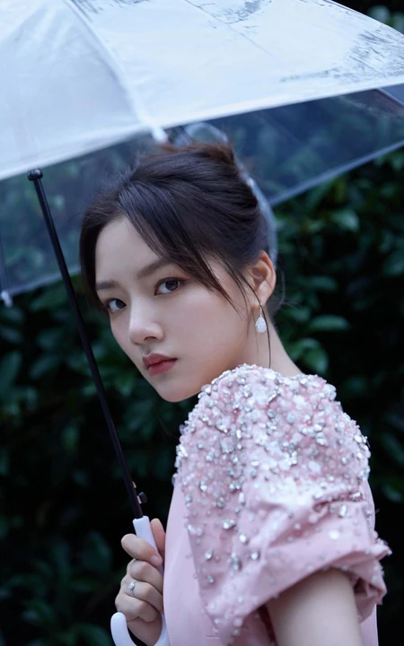 任敏身着粉裙手拿雨伞雨中漫步写真图片