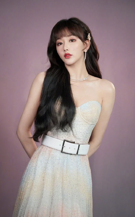 孔雪儿气质梦幻V领配色长裙温婉写真图片