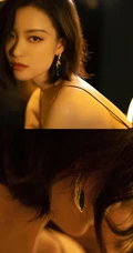 倪妮暖色室内灯光下，身着黑衣肩带裙，一举一动皆自带气质写真图片