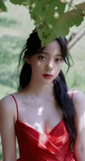 欧阳娜娜气质优雅V领肩带红裙公园显白皙肌肤线条写真图片