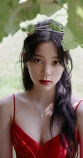 欧阳娜娜气质优雅V领肩带红裙公园显白皙肌肤线条写真图片