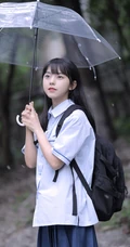 可爱清纯齐刘海黑直长发少女学生妹子手拿雨伞甜美街拍写真大图