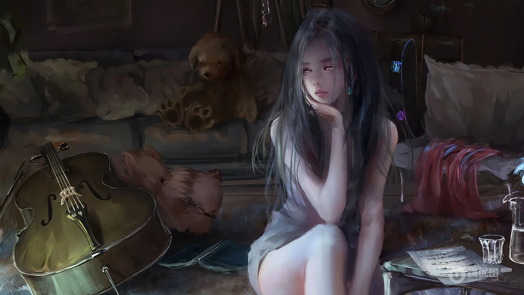 单手托腮的少女，厚涂画风动漫美少女与小提琴和猫壁纸图片