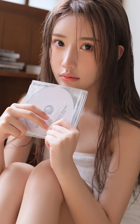 手拿CD碟，胸围浴巾的慵懒湿发美少女高清手机壁纸图片