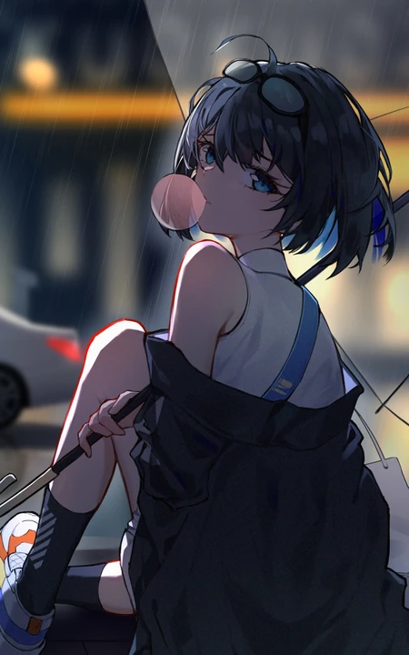 手拿雨伞，吹着泡泡的二次动漫美少女背影唯美手机壁纸图片
