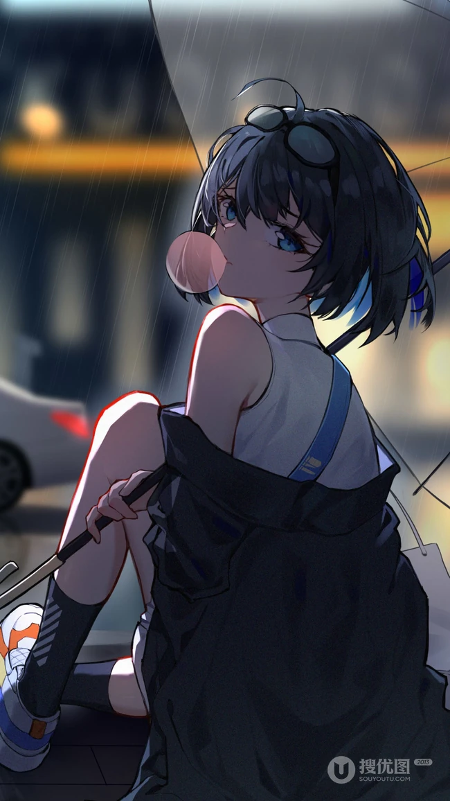 手拿雨伞，吹着泡泡的二次动漫美少女背影唯美手机壁纸图片