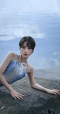 蓝盈莹蓝色肩带人鱼装湖边气质写真大图