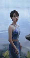 蓝盈莹蓝色肩带人鱼装湖边气质写真大图