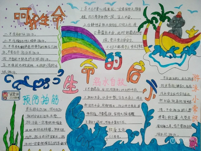 暑期来临防溺水，各种不准要牢记，防溺水手抄报学生作品图片欣赏