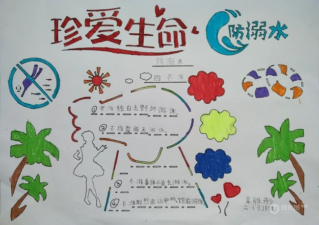 暑期来临防溺水，各种不准要牢记，防溺水手抄报学生作品图片欣赏