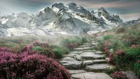 巍峨的雪山下，一条蜿蜒的石头小路唯美风景壁纸图片