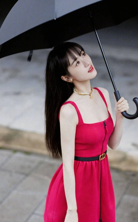 袁冰妍抢眼动人红色一字肩带连衣裙街拍写真美照