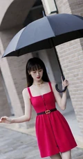 袁冰妍抢眼动人红色一字肩带连衣裙街拍写真美照