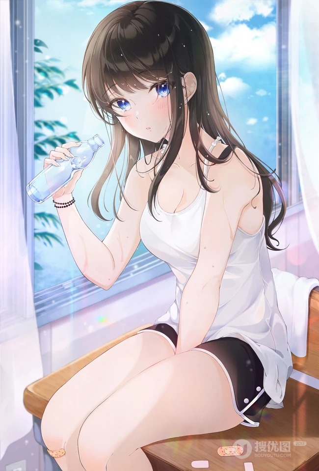 晶莹的汗水，热的流汗的动漫少女高清插画图片