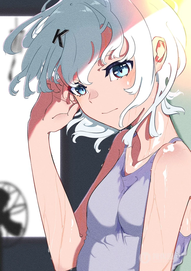 晶莹的汗水，热的流汗的动漫少女高清插画图片
