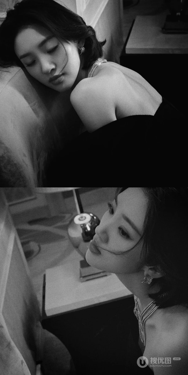 唐艺昕气质优雅露肩装礼裙黑裙穿搭户外写真美照