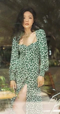 邓家佳清新夏日写真，身着绿色印花连衣裙，温馨而美好