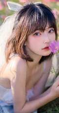 气质甜美短发婚纱蕾丝装少女仙气飘飘超美户外花草地写真图片