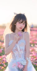 气质甜美短发婚纱蕾丝装少女仙气飘飘超美户外花草地写真图片