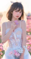 气质甜美短发婚纱蕾丝装少女仙气飘飘超美户外花草地写真图片