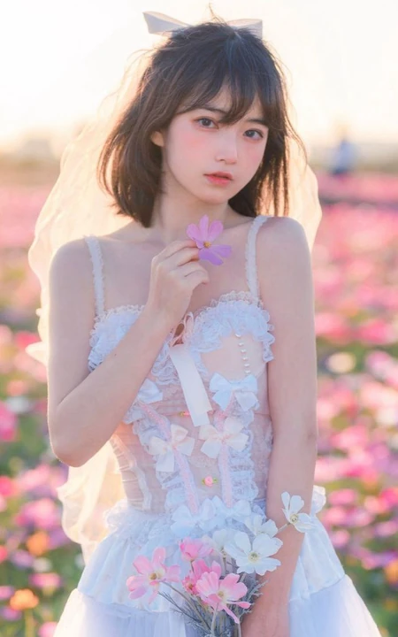 气质甜美短发婚纱蕾丝装少女仙气飘飘超美户外花草地写真图片