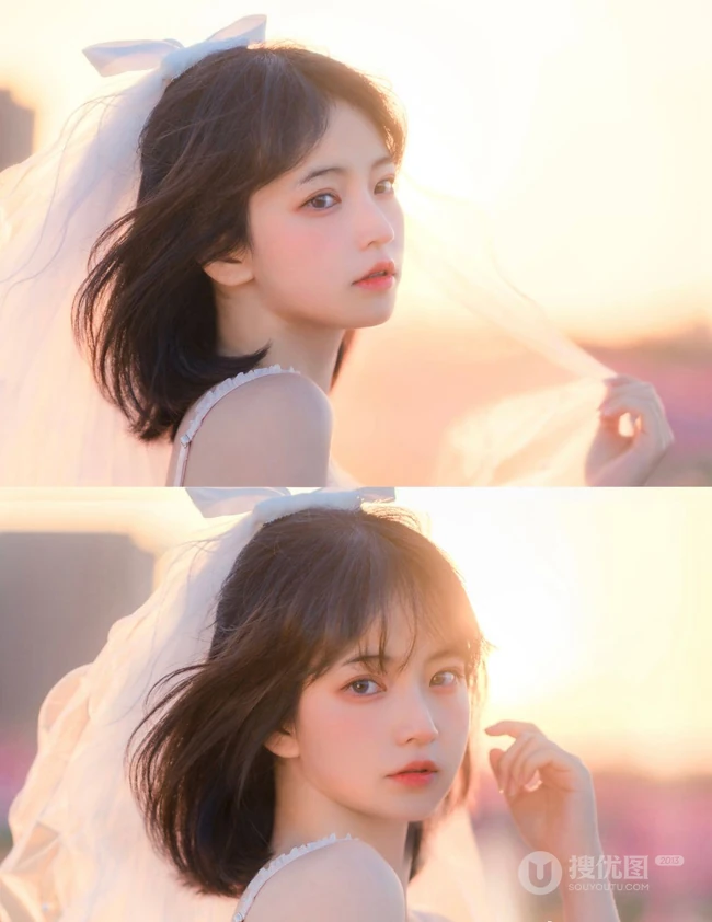 气质甜美短发婚纱蕾丝装少女仙气飘飘超美户外花草地写真图片