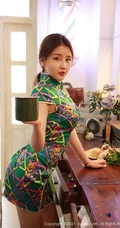 气质柔女生生夏西CiCi经典浪漫橄榄绿格纹印花旗袍穿搭姿态动人写真套图
