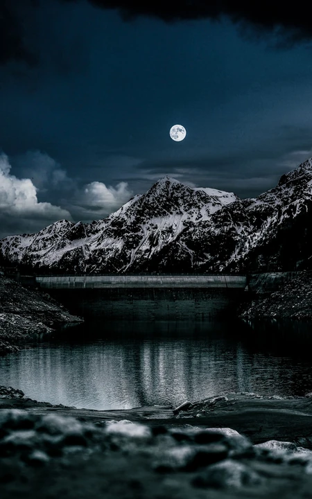 夜晚 明月 圆月 雪山 湖泊 意境 唯美雪山山水风景手机壁纸图片