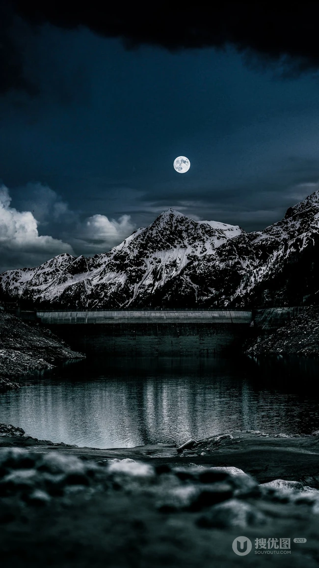 夜晚 明月 圆月 雪山 湖泊 意境 唯美雪山山水风景手机壁纸图片