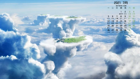 2021年7月日历壁纸，天空，云朵，飞机，北极光等为背景的日历壁纸图片