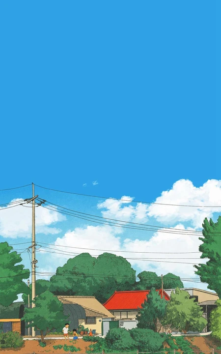 蓝蓝的天空，洁白的云朵，乡村边玩耍的儿童唯美动漫场景壁纸图片