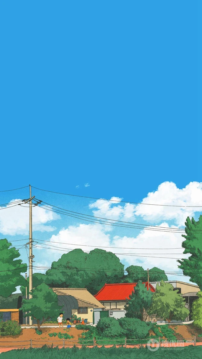 蓝蓝的天空，洁白的云朵，乡村边玩耍的儿童唯美动漫场景壁纸图片