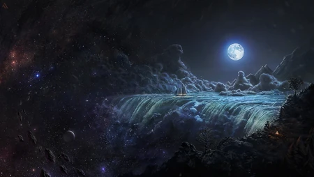 科幻 星空 银河 瀑布 月亮 帆船 篝火动漫场景插画壁纸美图